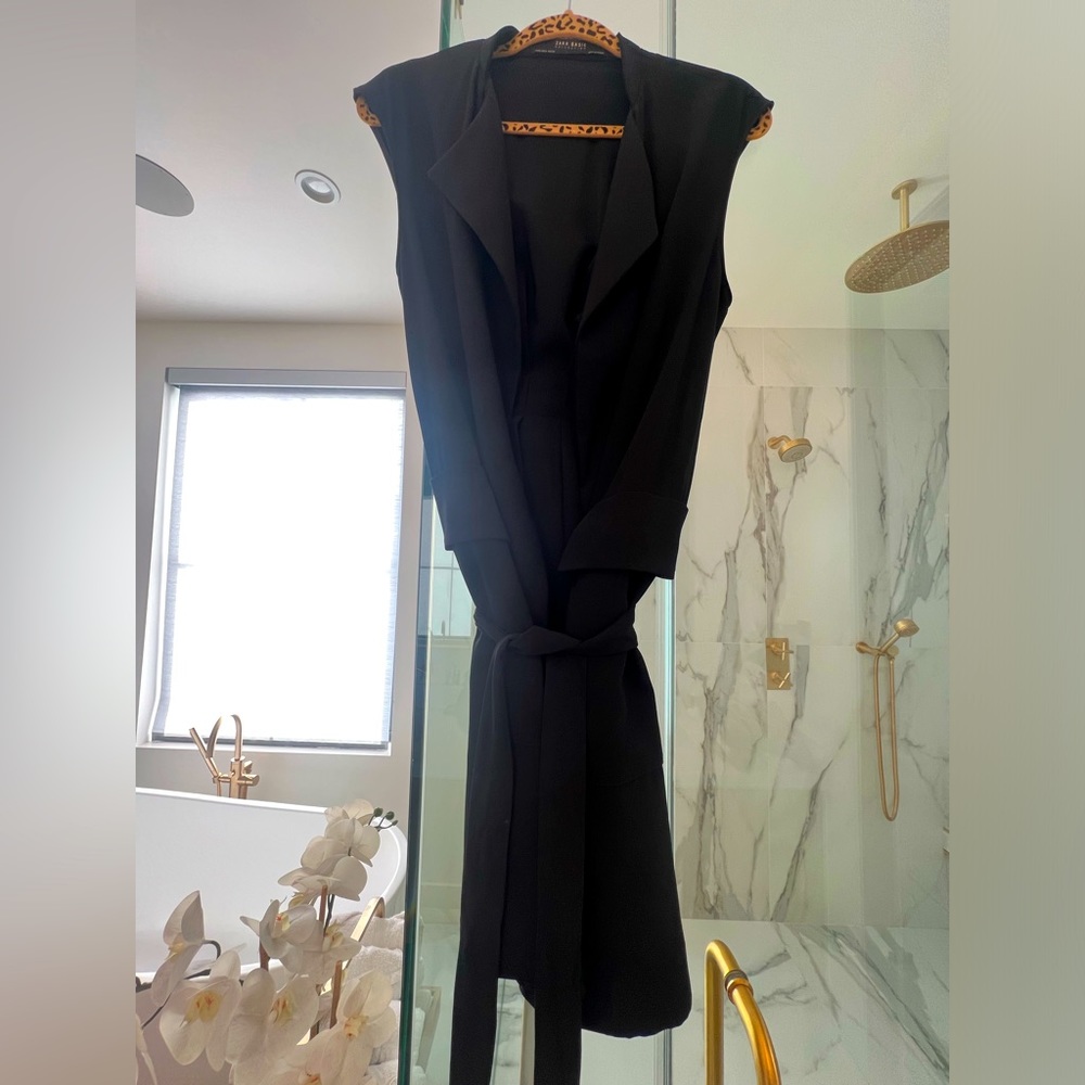 ZARA small long black belted vest